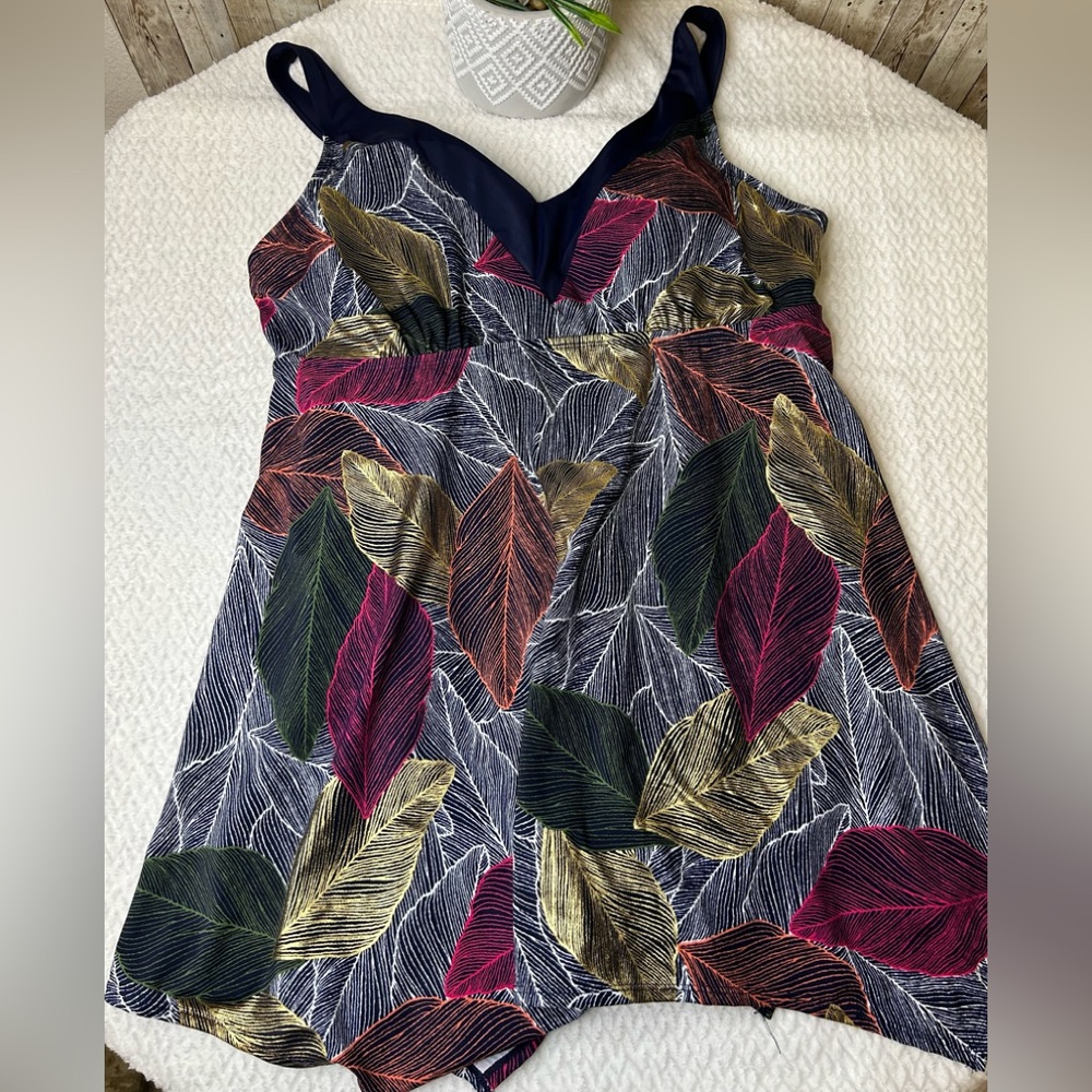 Avenue Navy One-Piece Swimdress with Multicolor Leaf Print